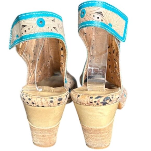 Spring Step L' Artiste Marjan Graym Floral Leather Sandals - Tan/Blue - EU 38 - Picture 7 of 12